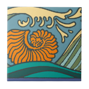 Carreau En Céramique Blue Ocean Waves Nautilus Seashell Motif Nouveau