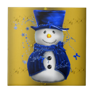 Carreau En Céramique Blue Snowman sur Gold Christmas