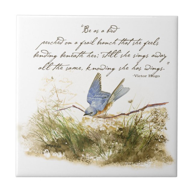 Carreau En Céramique Bluebird on Branch Inspiration poem Aquarelle (Devant)