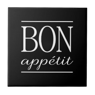 Carreau En Céramique BON APPETIT Cuisine Typographie Citation Noir & Bl