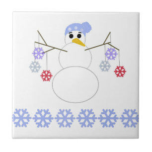 Carreau En Céramique Bonhomme de neige avec flocons de neige