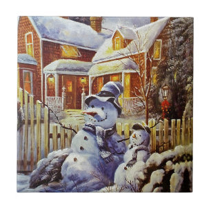 Carreau En Céramique Bonhomme de neige de père et de fils