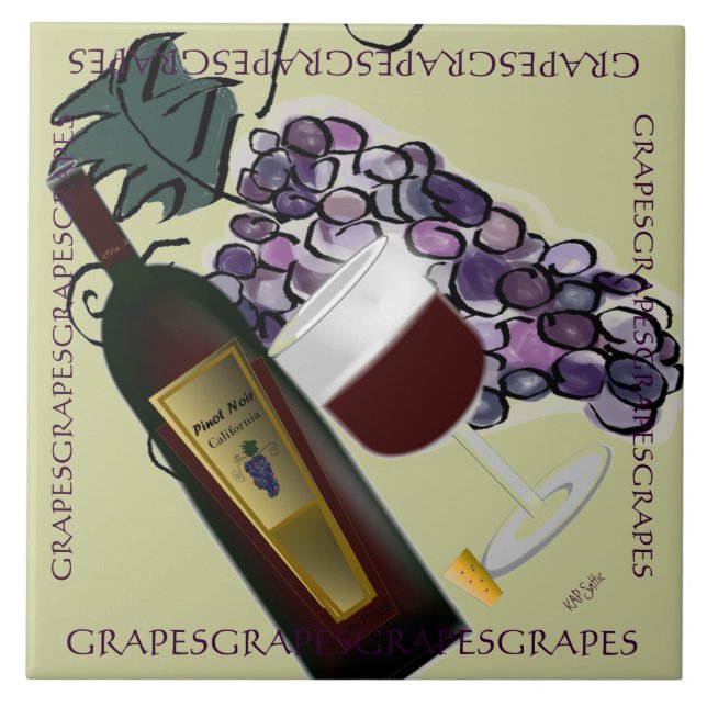 Carreau En Céramique Bouteille de vin et raisins (Devant)