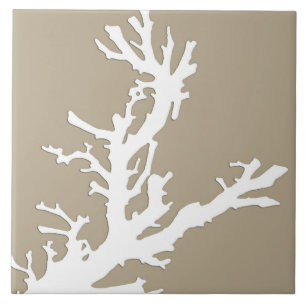 Carreau En Céramique Branche de corail - blanc sur le taupe bronzage