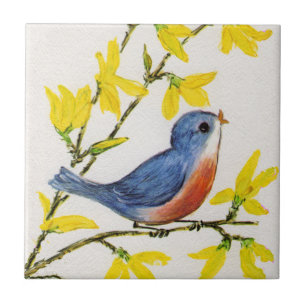 Carreau En Céramique Branche de l'arbre d'oiseaux bleu chantant mignon