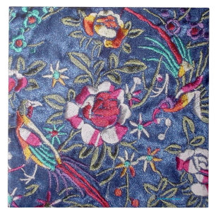 CARREAU EN CÉRAMIQUE BRODERIE CHINOISE DES ROSES ET DES OISEAUX