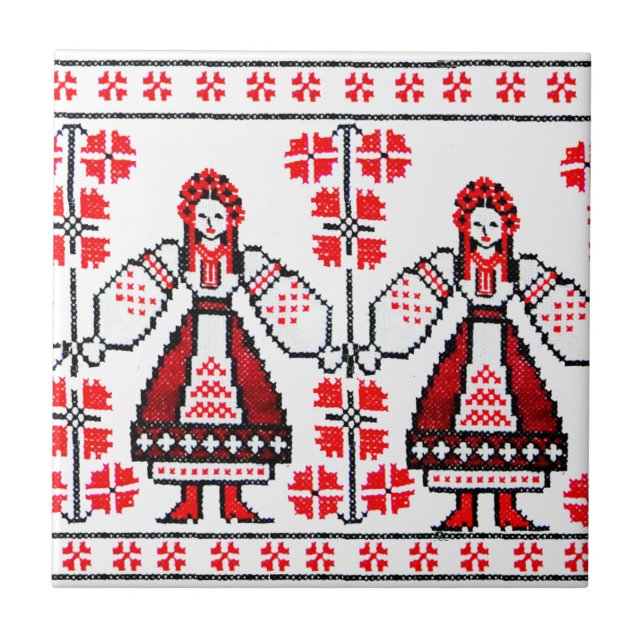 Carreau En Céramique Broderie ukrainienne traditionnelle filles ukraini (Devant)