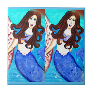 Carreau En Céramique brune jumelle sirènes bleu