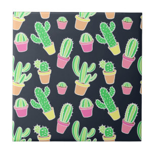 Carreau En Céramique Cactus au néon d'aquarelle dans le motif de pots