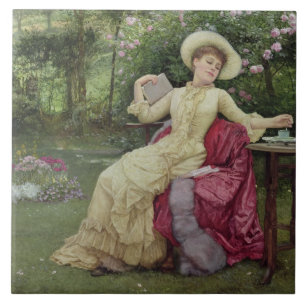 Carreau En Céramique Café potable et lecture dans le jardin (la semaine