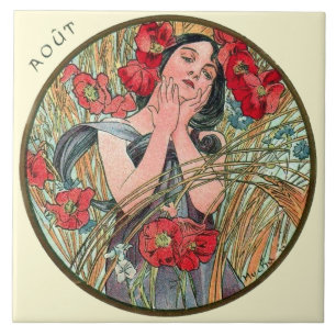 Carreau En Céramique Calendrier août de Nouveau Mucha d'art
