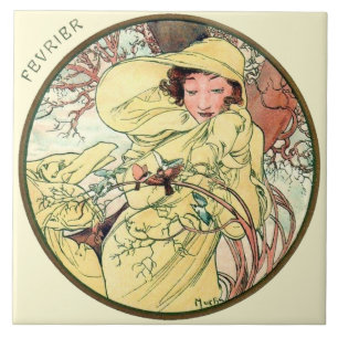Carreau En Céramique Calendrier février de Nouveau Mucha d'art