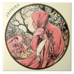 Carreau En Céramique Calendrier janvier de Nouveau Mucha d'art
