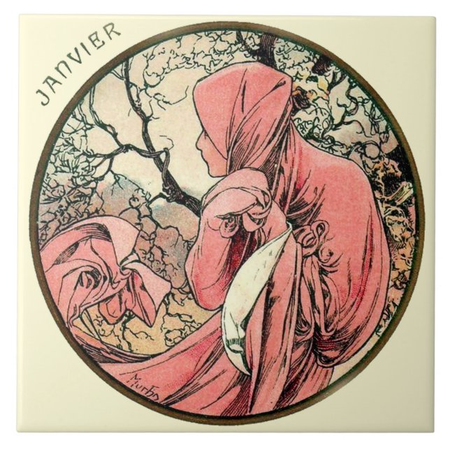 Carreau En Céramique Calendrier janvier de Nouveau Mucha d'art (Devant)
