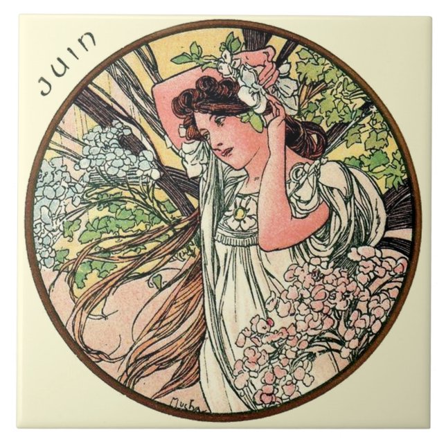 Carreau En Céramique Calendrier juin de Nouveau Mucha d'art (Devant)