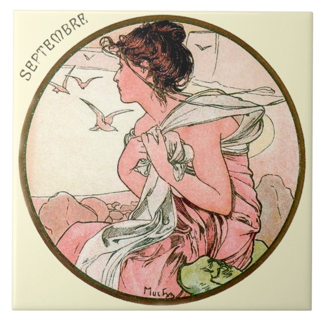Carreau En Céramique Calendrier septembre de Nouveau Mucha d'art (Devant)