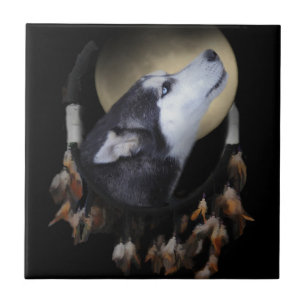 Carreau En Céramique Capteur de rêve et Husky aux yeux bleus