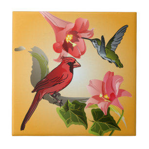 Carreau En Céramique Cardinal et Colibri avec Lys roses et Ivy