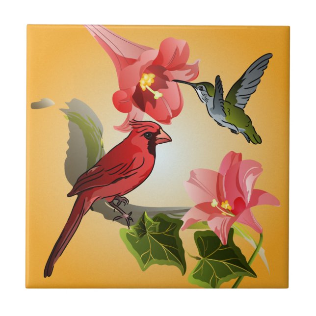 Carreau En Céramique Cardinal et Colibri avec Lys roses et Ivy (Devant)