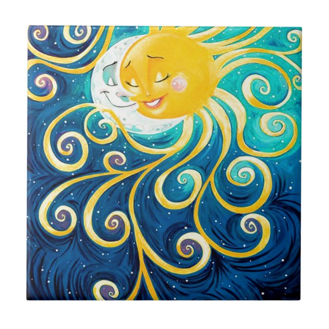 Carreau En Céramique caricature soleil et lune amour paix (Devant)