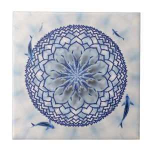 Carreau En Céramique Carreau de céramique de mandala bleu de Koi Lotus