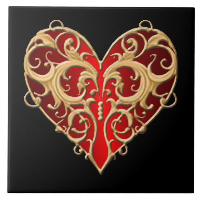 Carreau En Céramique Carrelage de coeur Rouge Filigree (Devant)