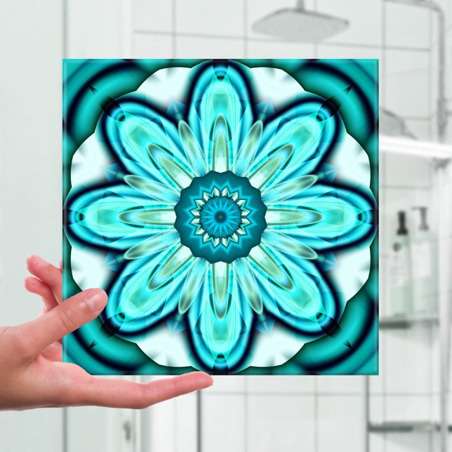 Carreau En Céramique Carrelage de la salle de bains en fleur turquoise (Ceramic bathroom tile featuring a fractal design in turquoise teal in the shape of a star flower)