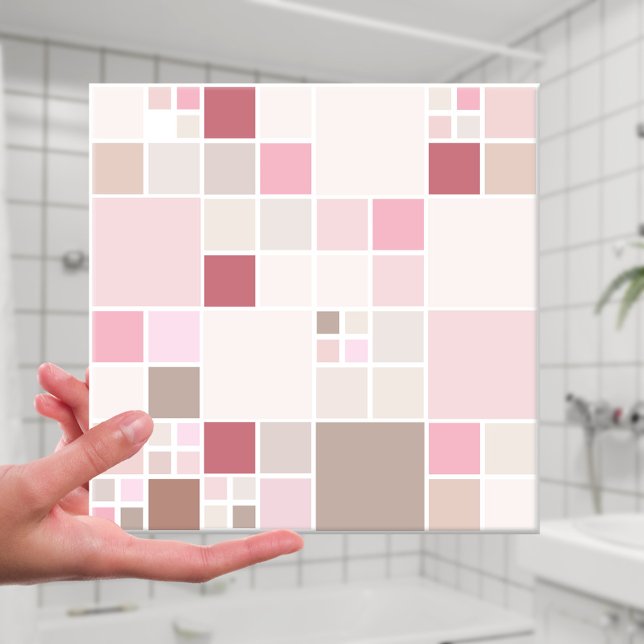 Carreau En Céramique Carrelage De Salle De Bains Chic Peach Blush Rose  (Modern bathroom tile featuring a checkered pattern in soft pastel peach, pink and sandy brown)
