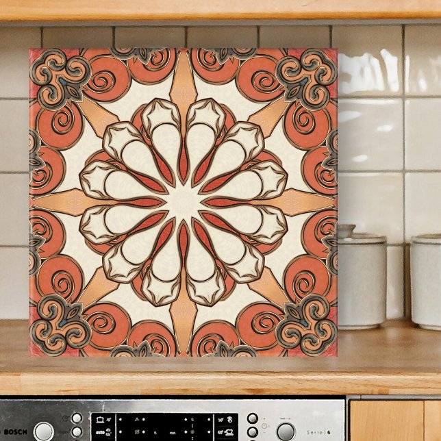 Carreau En Céramique Carrelage en céramique géométrique méditerranéen é (Tile featuring an abstract geometric pattern in warm terracotta with earth tones and ivory)