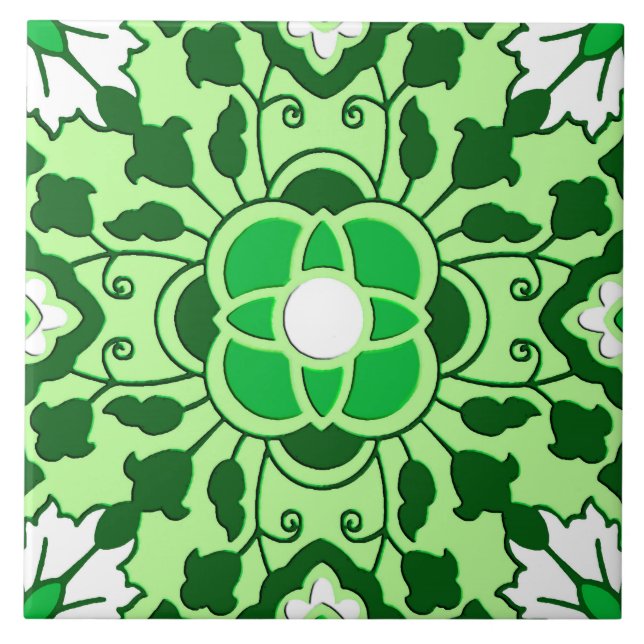 Carreau En Céramique Carrelage marocain floral, émeraude et vert citron (Devant)