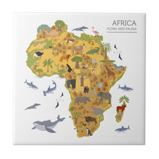 Carreau En Céramique Carte de l'Afrique | Flora et faune (Devant)