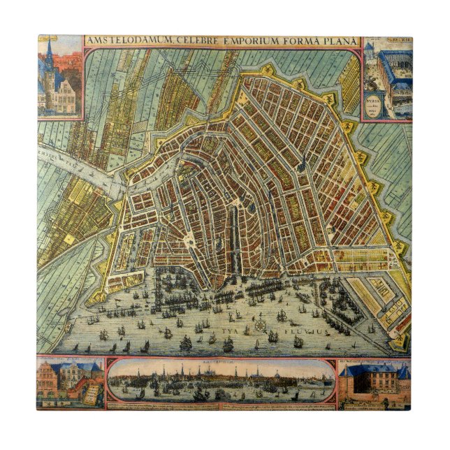 Carreau En Céramique Carte des rues antiques d'Amsterdam, Pays-Bas (Devant)