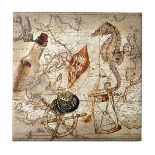 Carreau En Céramique Carte nautique de coquillage côtier d'hippocampe