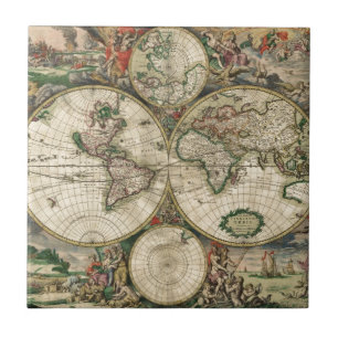 Carreau En Céramique Carte vintage du monde (1689)