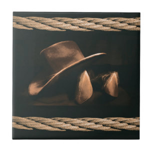 Carreau En Céramique Casquette de cowboy, bottes et style occidental de