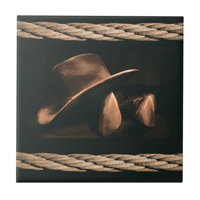 Carreau En Céramique Casquette de cowboy, bottes et style occidental de (Devant)