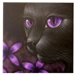 Carreau En Céramique CAT NOIR avec la TUILE VIOLETTE de FLEURS