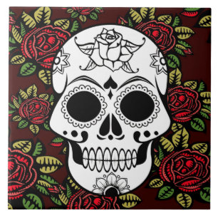 Carreau En Céramique céramique Retro art rouge roses sucre crâne