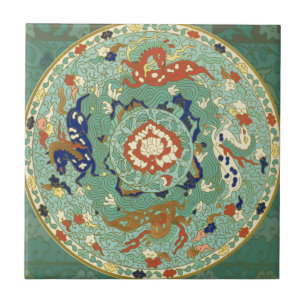 Carreau En Céramique Cercle chinois antique bleu vert