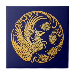 Carreau En Céramique Cercle jaune traditionnel de Phoenix sur le bleu