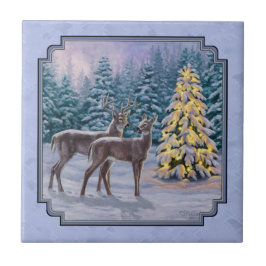 Carreau En Céramique Cerf et arbre de Noël Bleu d'hiver