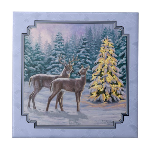 Carreau En Céramique Cerf et arbre de Noël Bleu d'hiver (Devant)