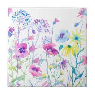 Carreau En Céramique Champ d'aquarelle de pastel, pré de fleur sauvage