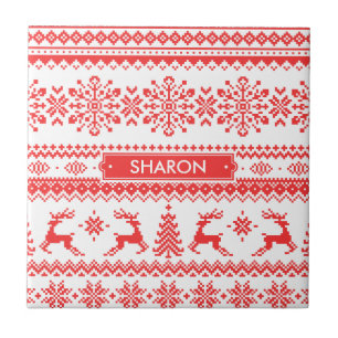 Carreau En Céramique Chandail de Noël rouge brun motif monogramme