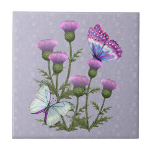 Carreau En Céramique Chardons et papillons sur Mauve