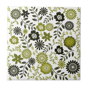 Carreau En Céramique Chartreuse et motif floral vert olive foncé