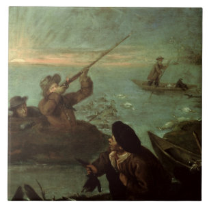 Carreau En Céramique Chasseurs tirant aux canards (huile sur la toile)