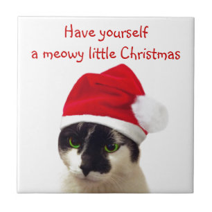 Carreau En Céramique Chat avec Casquette Père Noël
