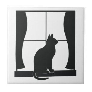 Carreau En Céramique Chat en silhouette se reposant à la fenêtre