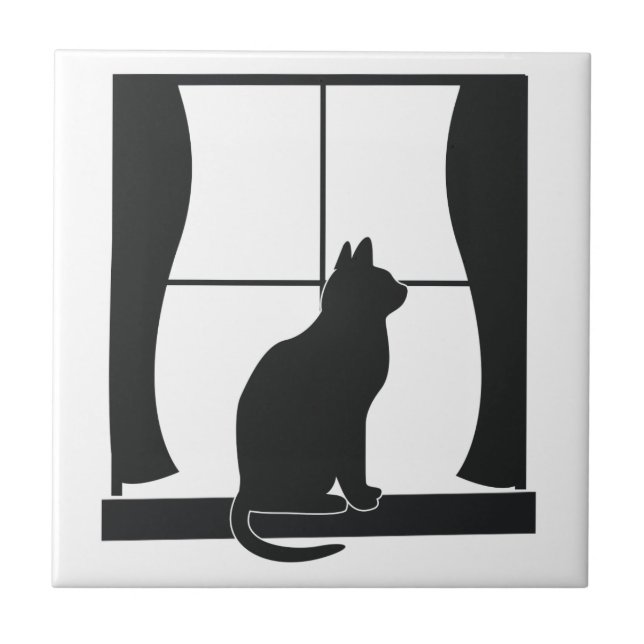 Carreau En Céramique Chat en silhouette se reposant à la fenêtre (Devant)
